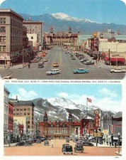 CO Colorado Springs PIKES PEAK AVE c1940's Linen & c1960's Chrome  *2* Postcards picture