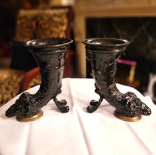 VINTAGE PAIR OF BLACKEN BRONZE & BRASS RAMS HEAD MANTEL GARNITURES 7.25''H picture