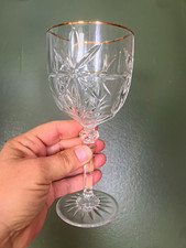 Set of 4 Clear Etched Starburst Wine Goblets, Gold Rim Round Glass picture