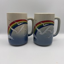 2 Vintage Otagiri Japan Stoneware Mugs Handpainted Bird Rainbow Ocean picture