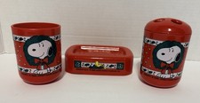 Vintage Peanuts Snoopy Christmas Bathroom Set Toothbrush Holder, Soap Dish, Cup picture