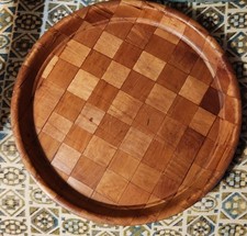 Vintage Round Parquet Woven Wood Serving Tray Barware Food service 13 inches picture