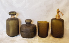 Vintage MARCEL FRANCK FRANCE VANITY SET Green Satin Crackle Glass Perfume Bottle picture