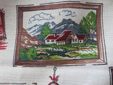 Vintage Grandma Moses - esque style Barkcloth Fabric 1940's NEVER USED Red Barn picture