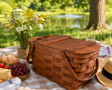 Vintage Basketville Putney Vermont Handmade Wood Picnic Basket with Handles MCM picture