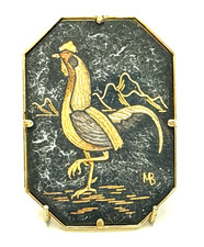 Vintage Etched ROOSTER Signed Studio Button - 1-1/2