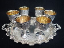 vintage barware decorative ORNATE METAL TRAY with set of (6) MATCHING CORDIALS  picture