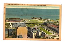 Vintage 1942 Cleveland OH Aerial View Municipal Stadium Lake Erie Linen Postcard picture