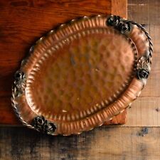 Vintage Solid Copper Oval Tray w Applied Flowers Rope Handles Hammered USA 16