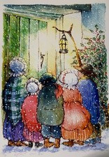 VTG Christmas Card UNUSED Artist Colin Instone Old Fashioned Children At Door picture