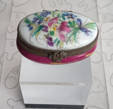 Floral Limoges France Peint Main Oval Hand Painted Trinket Box Burgundy Flowers picture