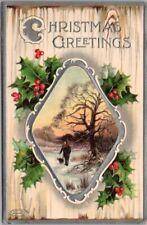 c1900s CHRISTMAS GREETINGS Embossed Postcard Winter Scene Man w/ Dog - BB London picture