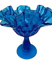 Colonial Blue Fenton Ruffle Edge Pedestal Thumbprint Pattern Compote Dish 6 NICE picture