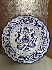 Vintage Talavera Pottery Plate Round Scalloped Blue Floral Puebla Mexico Signed picture