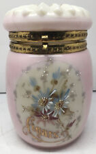 Antique HAND PAINTED WAVE CREST MILK GLASS HINGED TOBACCO CIGAR JAR HUMIDOR 6” picture