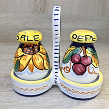 VTG Deruta Italy SUNFLOWERS & FRUIT Hand Painted Salt & Pepper Shakers + Holder picture