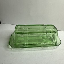 VTG Hazel Atlas Green Depression Glass Butter Dish Crisscross Pattern MCM picture