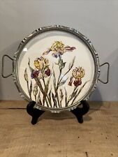 Beautiful Vintage Porcelain And Pewter Multicolor Iris Floral Tray picture