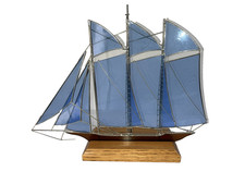 Gallery Art Stained Glass Sailing Yacht on Oak Display Sail Boat Schooner Blue picture