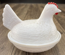 Vintage Indiana Milk Glass Chicken Hen on Nest White with Red Candy Dish picture
