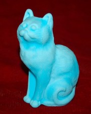 VINTAGE Mosser Sitting Cat Glass Figurine Blue Milk Satin Made in USA 1980's picture
