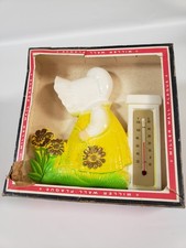 Vintage Miller Studios Chalkware Bonnet girl Thermometer Bathometer Decor 1978 picture