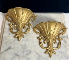 2- Vintage Hollywood Regency Homco Gold Painted Resin Wall Pocket Sconces. #4446 picture