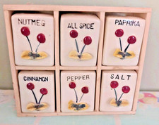Vintage Spice Set Wood Rack Ucagco Japan 6 Shakers Kitschy Country S&P Nutmeg  picture