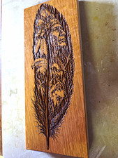 Native American Inspired Feather W/ Eagle, Chief Head & Wolf Cherry Wall Art picture
