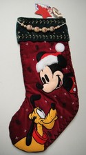 VTG NWT MICKEY MOUSE & PLUTO DISNEY CHRISTMAS STOCKING EMBROIDERED VELVET 1999 picture