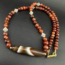 Ancient Rare Indo- Tibetan Crystal Carnelian Agate Necklace With Center Banded picture