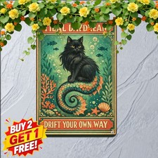 Cute Purrmaid Mermaid Cat Sea Fish Style Bathroom Decor Vintage Metal Tin Sign picture