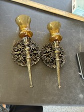Vtg 2 MCM Homco Cast Metal Gold Wall Sconces Candle Holders W/Glass Votive #4148 picture