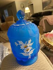 Westmoreland Satin Glass Blue Covered Dish 7” With Daisies picture