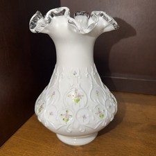Fenton Silvercrest Spanish Lase Violets In The Snow Vase Artist Signed Vintage picture