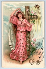 c1910's Charity Pretty Woman And Cross Pink Flowers Embossed Antique Postcard picture
