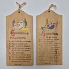 2 Vtg German Novelty Wooden Plaques Wall Decor Hausordnung Frau & Mann picture