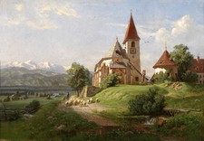 Oil painting shepherdess with her sheep in sunset landscape church Hand painted picture