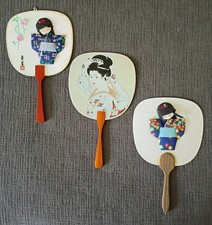 Three Vtg. Wood Handle Japanese Paddle Fans picture