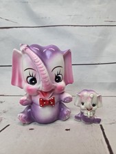 Vintage Arnart Polka Dot Bowtie Elephant Purple With Baby Flat Faced picture
