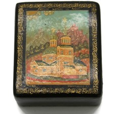 Mstera Russian Black Lacquer Box Church Building Handpainted Signed 2-3/4