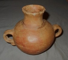 Primitive & Old  Small  Terra Cotta  Double Handled  Vase  4 1/2