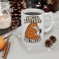 Social Battery Cat Mug, Ceramic Coffee Cup picture