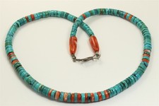 Vintage Santo Domingo Pueblo Turquoise Spiny Oyster Shell Heishi Bead Necklace picture