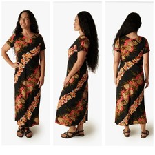 hilo hattie hawaiian Pineapple Panel Long Black dress large Made In Hawaii picture
