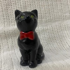 Vintage Black Cat Figurine Red Bow Tie Green Rhinestone Eyes Halloween Decor picture
