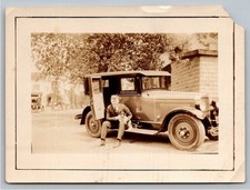 1920s Nash Automobile Man with Puppy Dog Vintage Sepia B&W Photo Snapshot picture