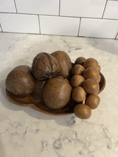 Vintage Carved Wood Fruit Bowl Set Grapes Pears Rustic Kitchen Decor MCM picture