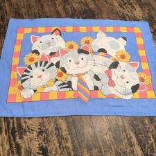 VTG Franco Cat Pillowcase Sunflowers Checkered Blue Standard Novelty Bedding 90s picture