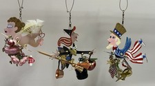 SILVESTRI Fanciful Flights Witch Cupid Uncle Sam Metal 3 Ornaments Karen Rossi picture